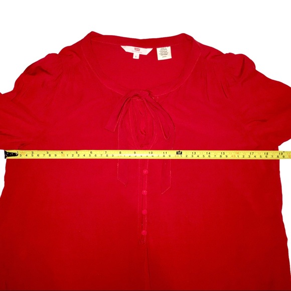 Vintage Inspired Red Blouse with Tie and Buttons, 3/4 Puffed Sleeve Levi's Small - Picture 13 of 15